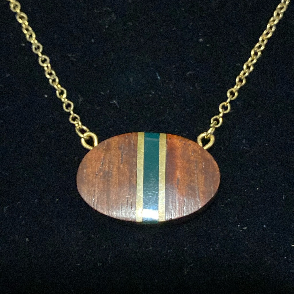 Wood With Green Stone And GoldTone Inlay Necklace